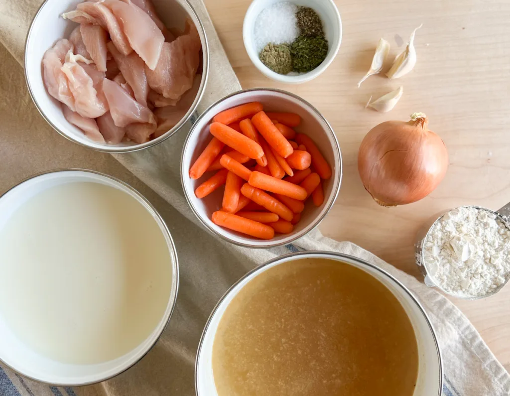 Chicken and sourdough dumpling ingredients.