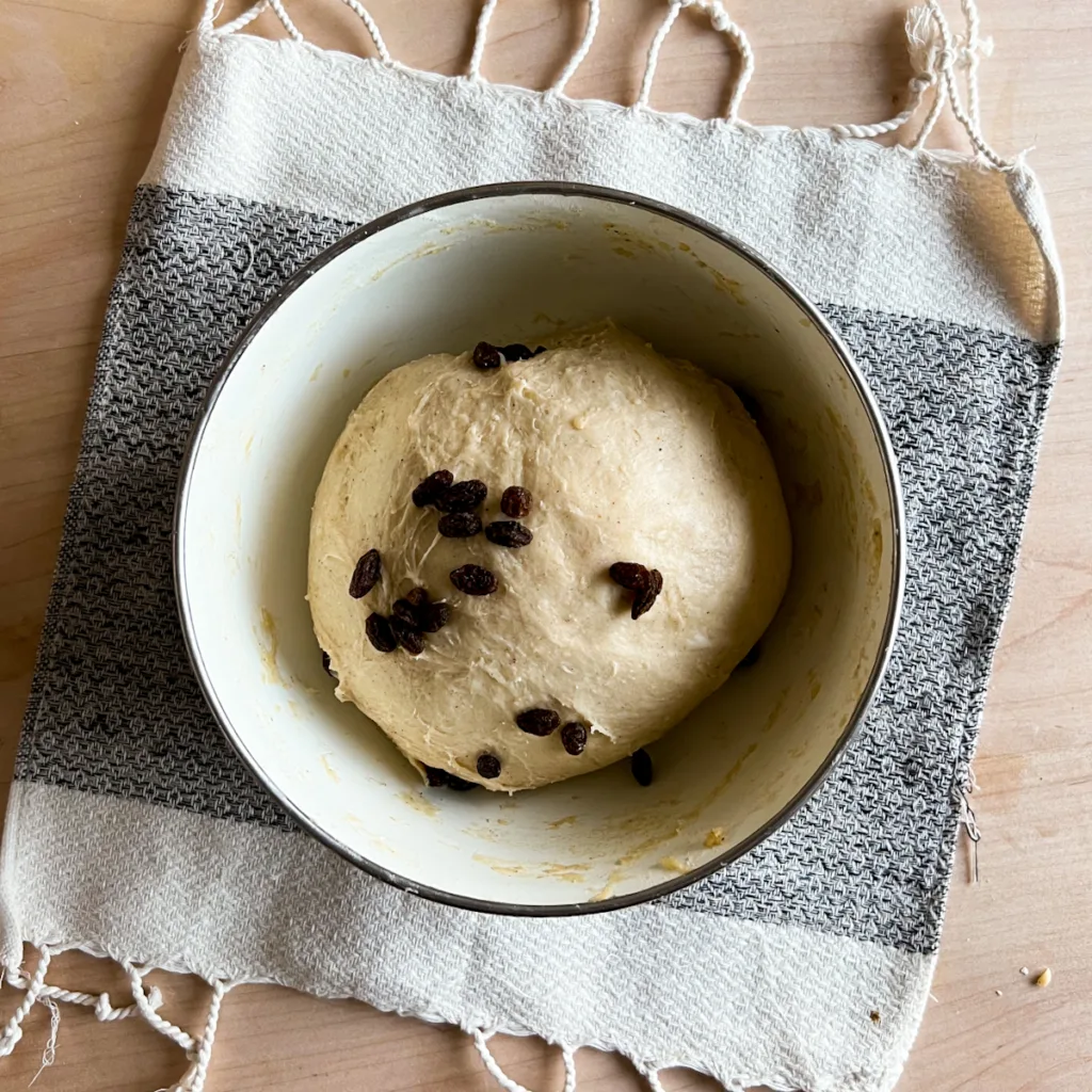 sourdough hot cross bun dough at the beginning of bulk ferment.