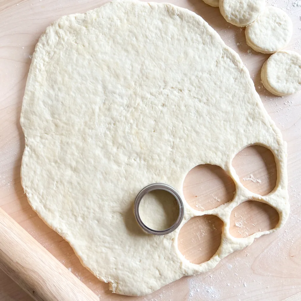 Homemade soured milk biscuits being cut from the rolled dough