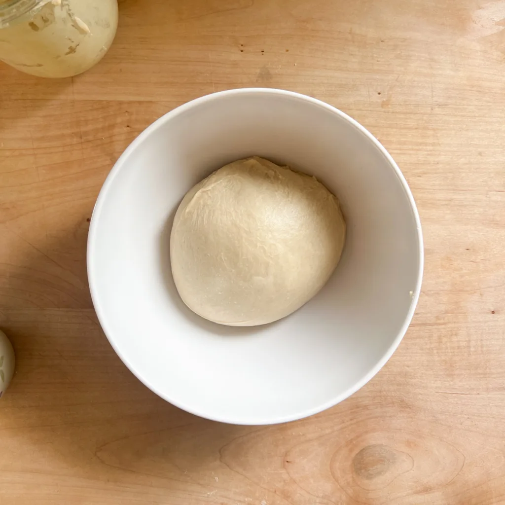 the dough at the beginning of bulk fermentation