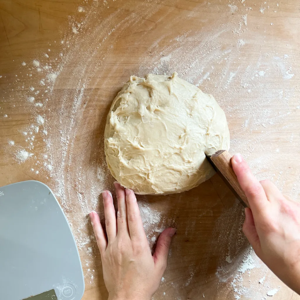 cutting the dough into bite sized pieces