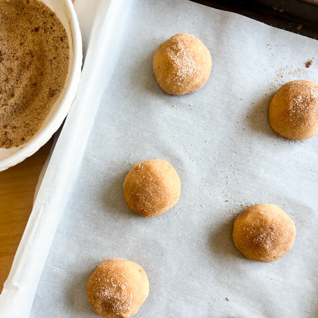 Snickerdoodle cookie dough balls after being rolled in cinnamon sugar.
