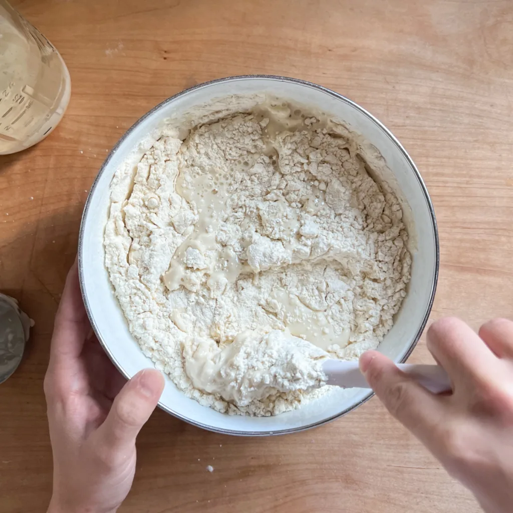Mixing the flour into the dough with a spatula.