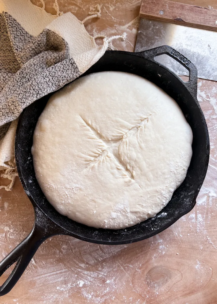 Sourdough country skillet bread dough, ready to be baked.