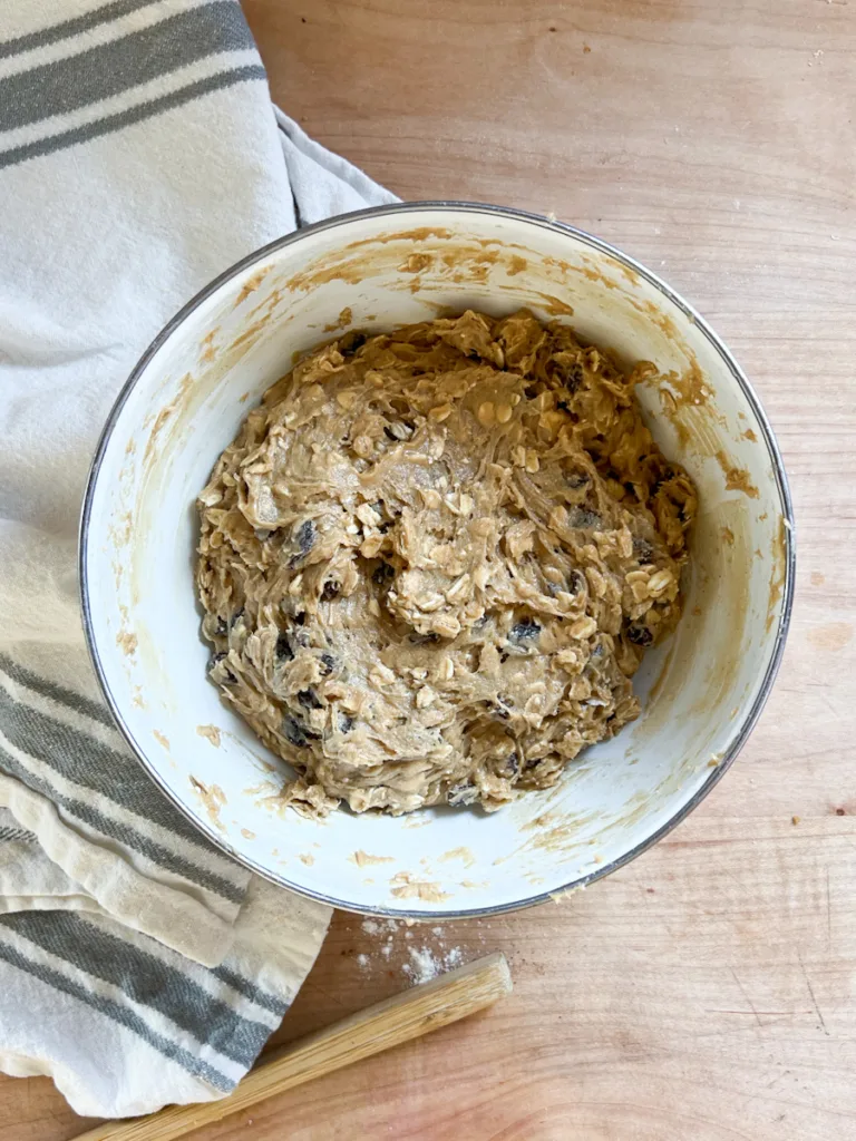 The cookie dough after adding in the raisins.