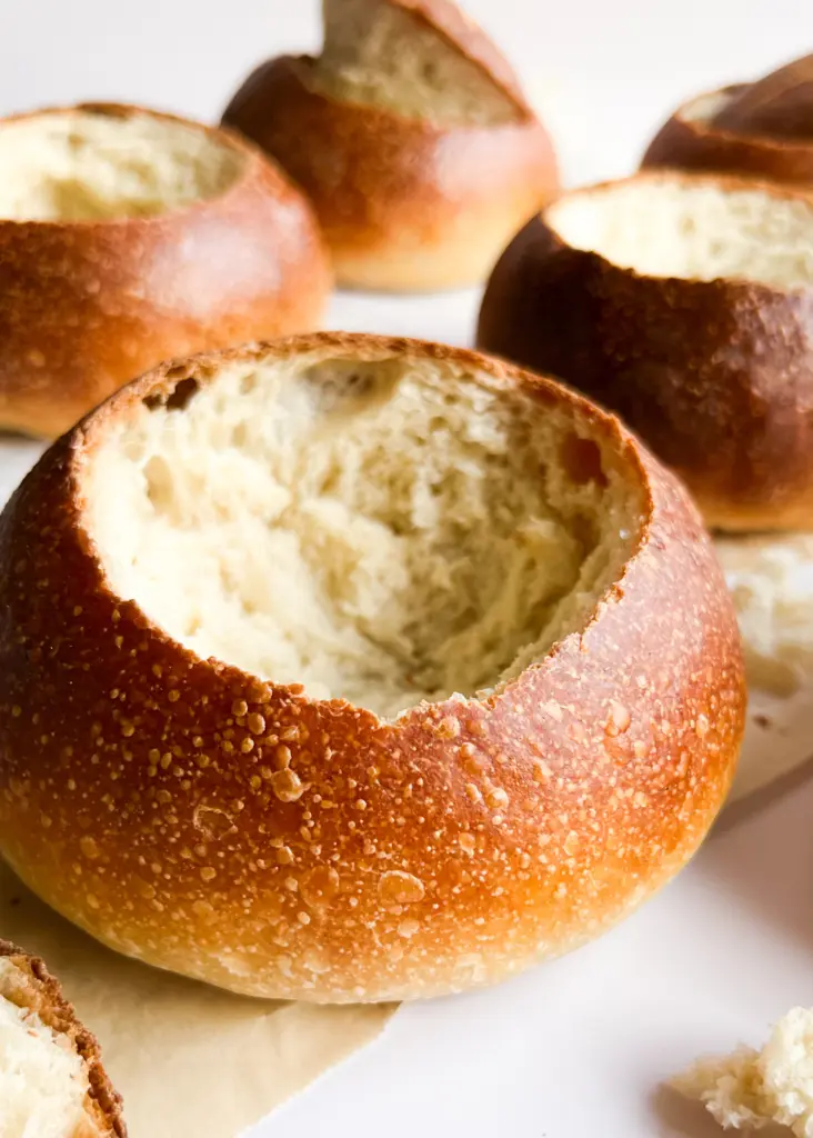 A sourdough bread bowl that has been cored.