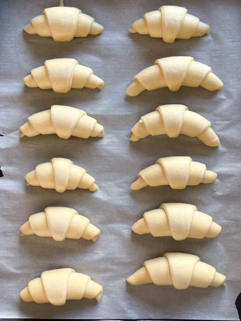 Sourdough crescent dinner rolls after second rise.