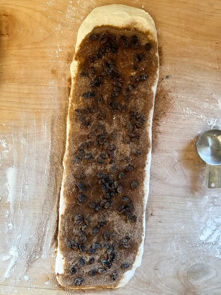 the raisins evenly spread on top of the cinnamon sugar filling.