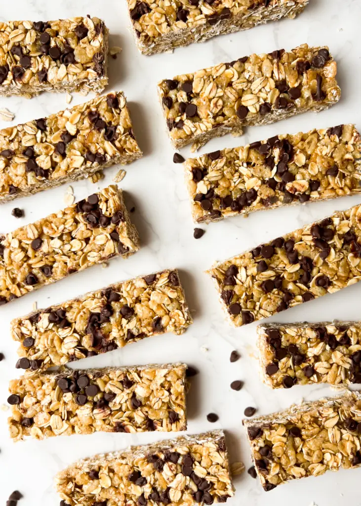 Chewy sourdough discard granola bars spread out.