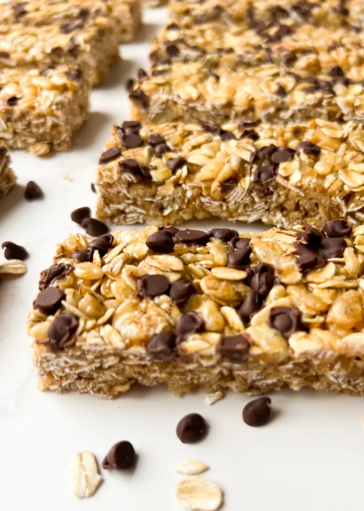 Sourdough granola bars with mini chocolate chips on them.