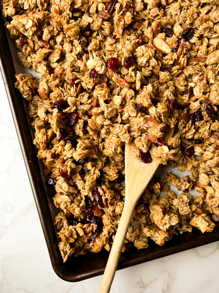 A baking sheet full of sourdough granola.