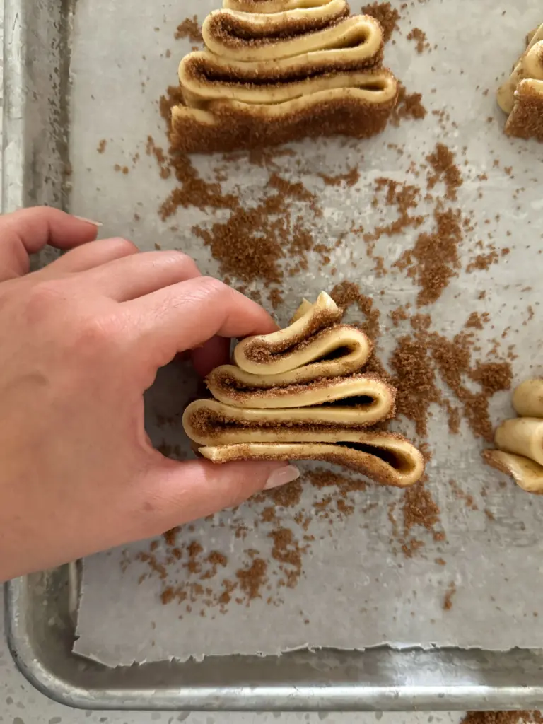 Making a Christmas tree shaped cinnamon roll.