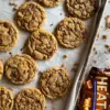 Freshly baked Heath Bar Toffee Cookies on a parchment-lined baking sheet, golden brown with visible chunks of toffee and chocolate. A partially visible Heath candy bar wrapper sits in the corner, hinting at the main ingredient.