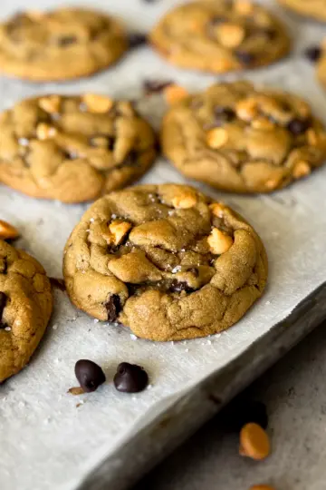 Chewy chocolate chip butterscotch cookies sprinkled with flakey sea salt on a parchment-lined baking sheet.